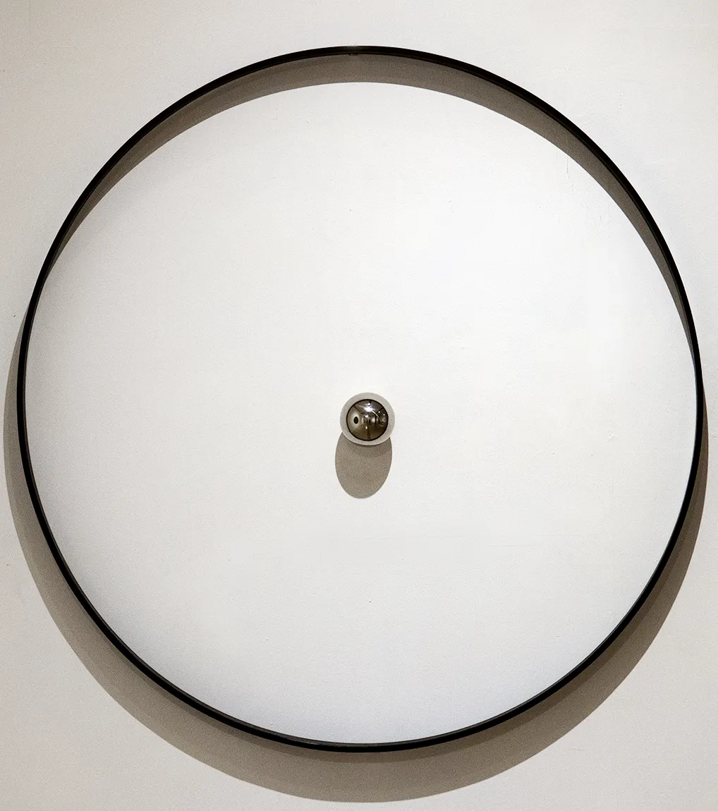 An installation view of 'Monad: Second Chance' (2023), A painting from Damian Boylan's Acid Paintings series, where acid is progressively painted on to a marble substrate to progressively erode the underlying material.