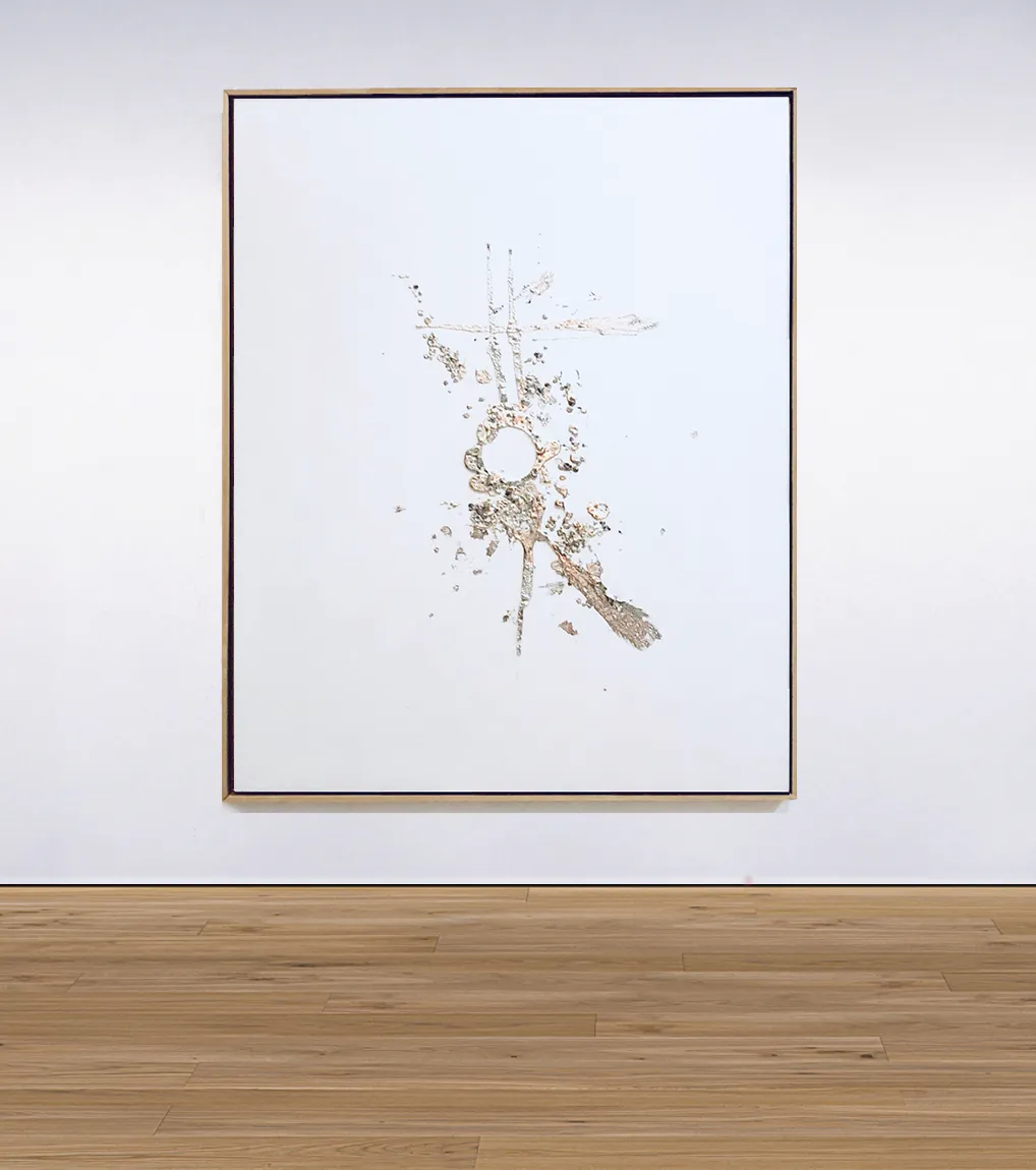 An installation view of ‘Devoid I’ (2018) by Damian Boylan. A painting from his Elements Paintings series using molten rare earth indium metal on a wooden substrate.