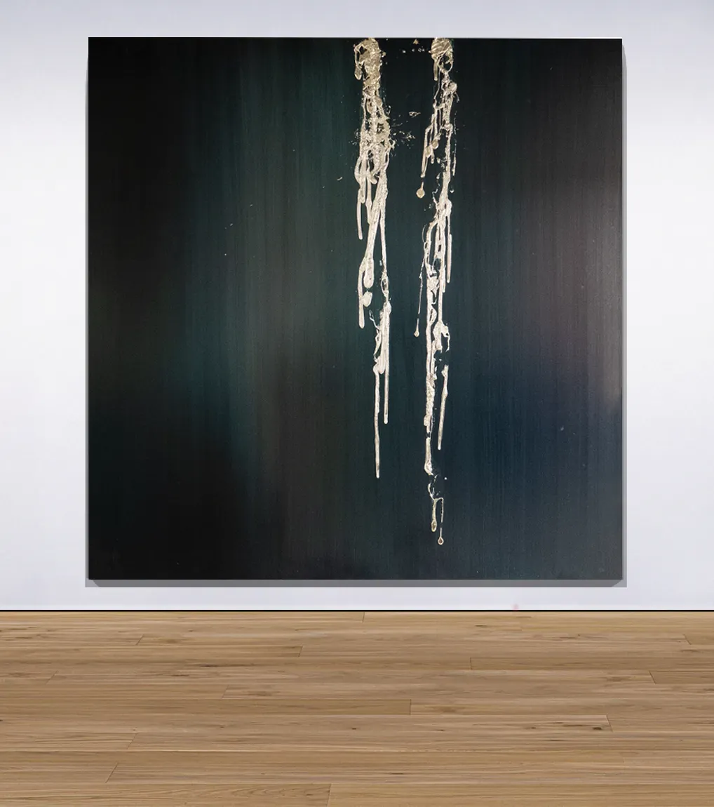 An installation view of ‘Dualism’ (2020) by Damian Boylan. A painting from his Elements Paintings series using molten rare earth indium metal on Belgian linen.