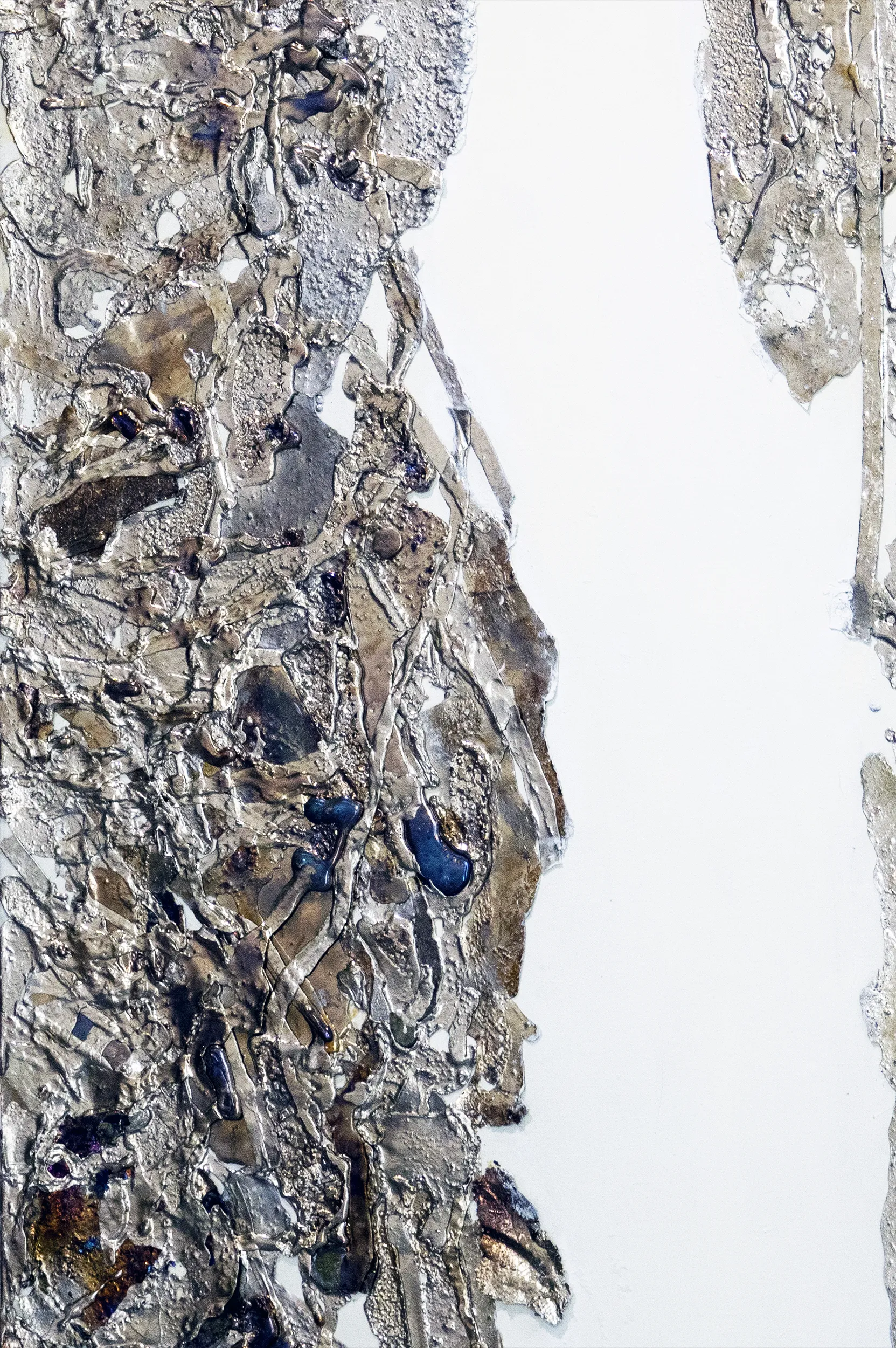 A close up detailed view of ‘Half-Life’ (2023) by Damian Boylan. A painting from his Elements Paintings series using molten rare earth Bismuth metal on Belgian linen.