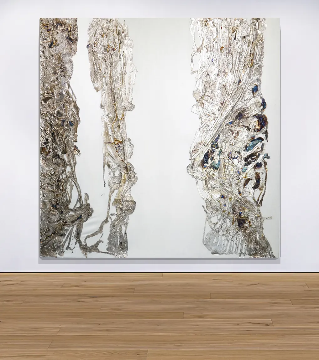 An installation view of ‘Half-Life’ (2023) by Damian Boylan. A painting from his Elements Paintings series using molten rare earth indium metal on Belgian linen.