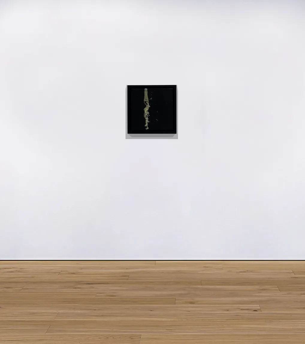 An installation view of ‘Reductionist Line’ (2020) by Damian Boylan. A painting from his Elements Paintings series using molten rare earth indium metal on cotton canvas.