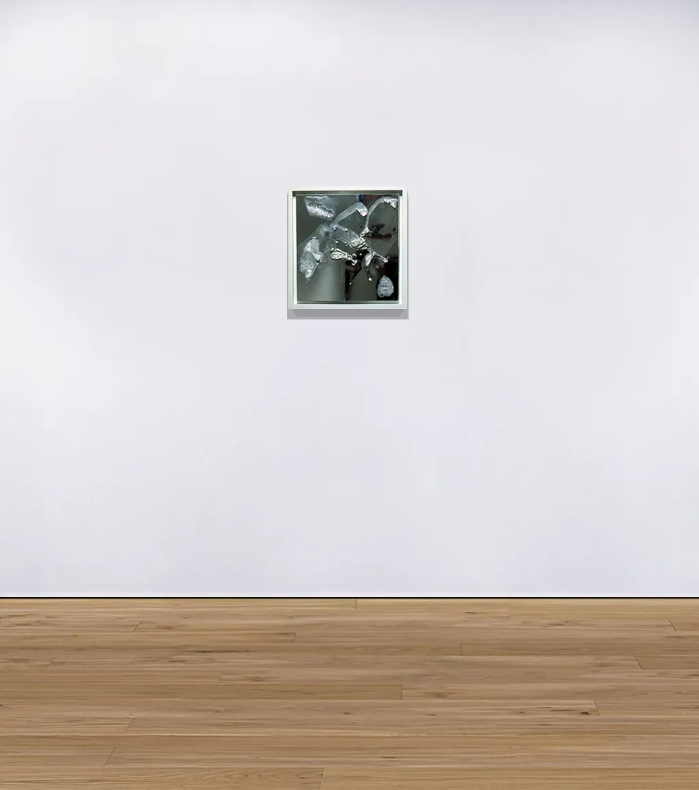 An installation view of ‘Volition’ (2021) by Damian Boylan. A painting from his Elements Paintings series using molten rare earth indium metal on a mirrored PMMA substrate.