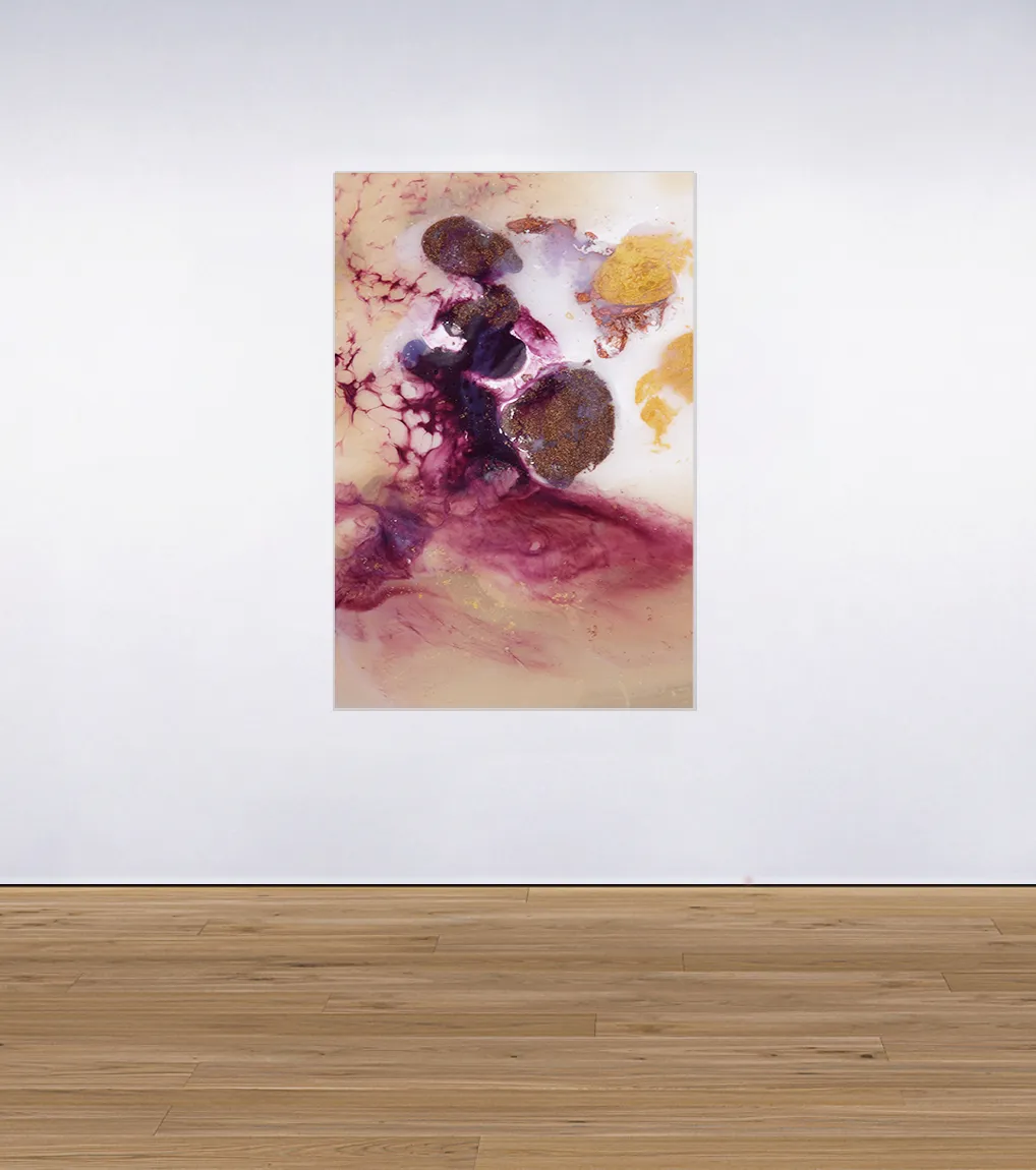 An installation view of Damian Boylan's photographic work 'Dendritic Occurrence' (2019) from his Flux series, showing microscopic chemical and physical interactions.