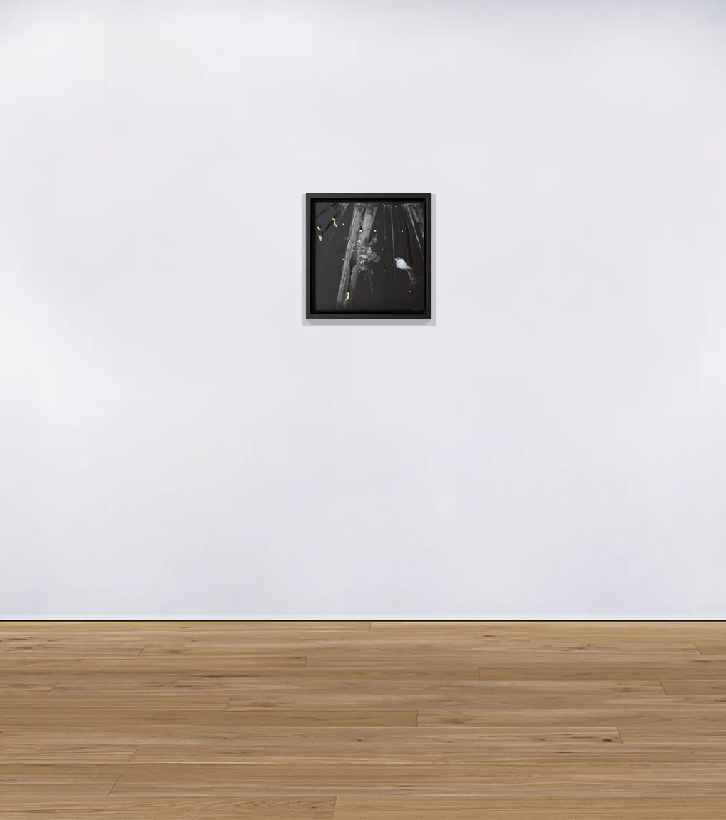 An installation view of Rarefaction #13, 2021, a painting from artist Damian Boylan's Rarefactions series, showing molten brass leaving an iridescent residual mark on a poly(methyl methacrylate) canvas.