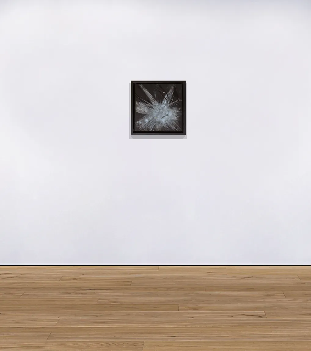 An installation view of Rarefaction #14, 2021, a painting from artist Damian Boylan's Rarefactions series, showing molten brass leaving an iridescent residual mark on a poly(methyl methacrylate) canvas.