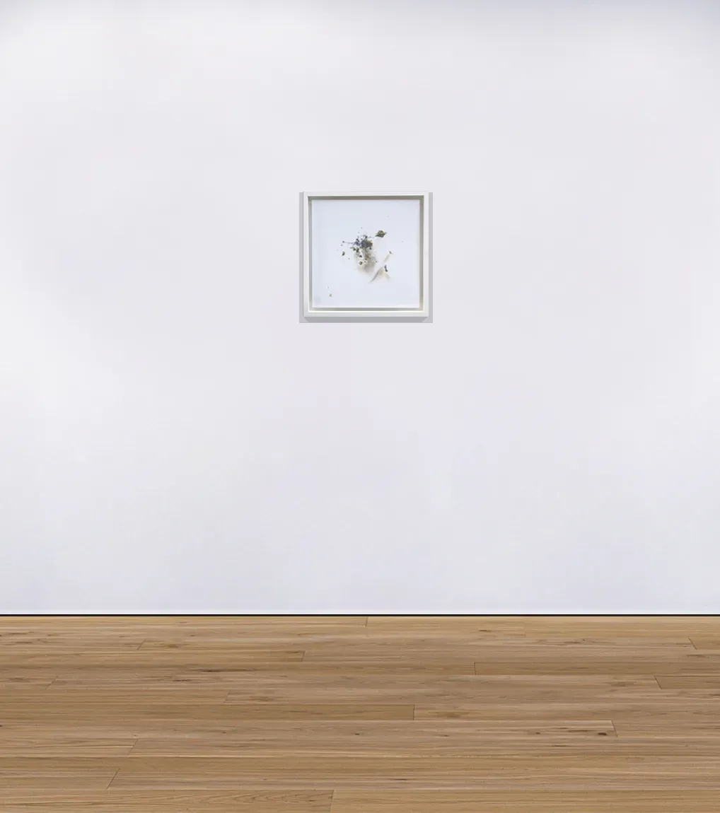 An installation view of Rarefaction #15, 2021, a painting from artist Damian Boylan's Rarefactions series, showing molten brass leaving an iridescent residual mark on a poly(methyl methacrylate) canvas.