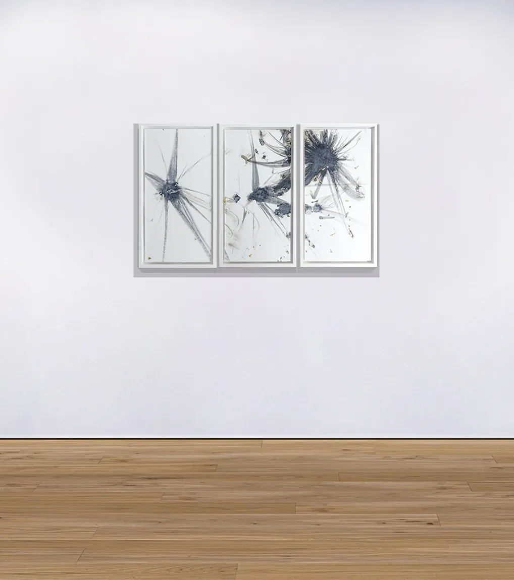 An installation view of Rarefaction #17, 2021, a triptych painting from artist Damian Boylan's Rarefactions series, showing molten brass leaving an iridescent residual mark on a poly(methyl methacrylate) canvas.