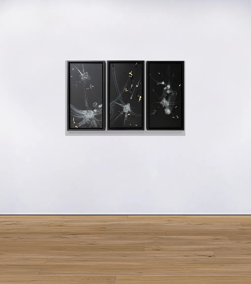 An installation view of Rarefaction #18, 2021, a triptych painting from artist Damian Boylan's Rarefactions series, showing molten brass leaving an iridescent residual mark on a poly(methyl methacrylate) canvas.