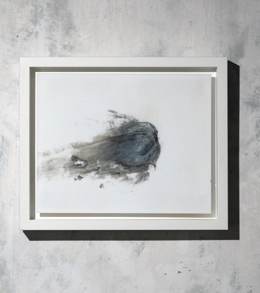 An installation view of Halo, 2020, a painting from artist Damian Boylan's Rarefactions series, showing molten brass leaving an iridescent residual mark on a poly(methyl methacrylate) canvas.